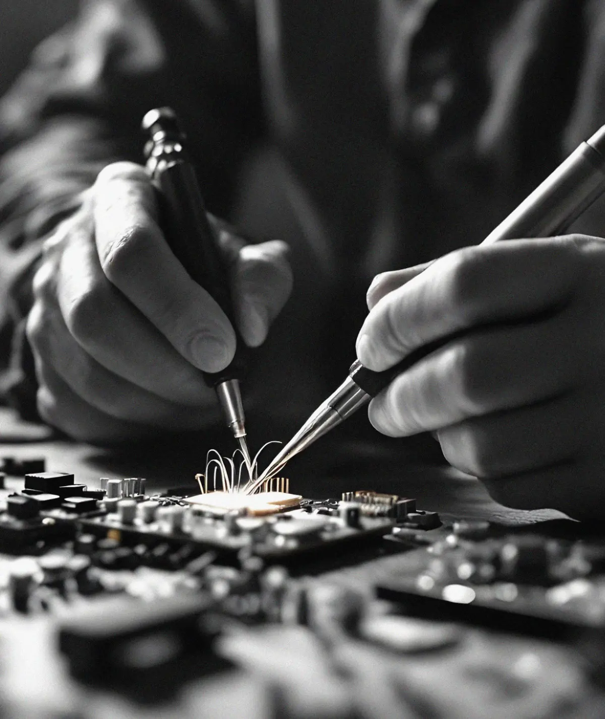 Close-up of hands soldering a circuit board with tweezers (black and white photo)