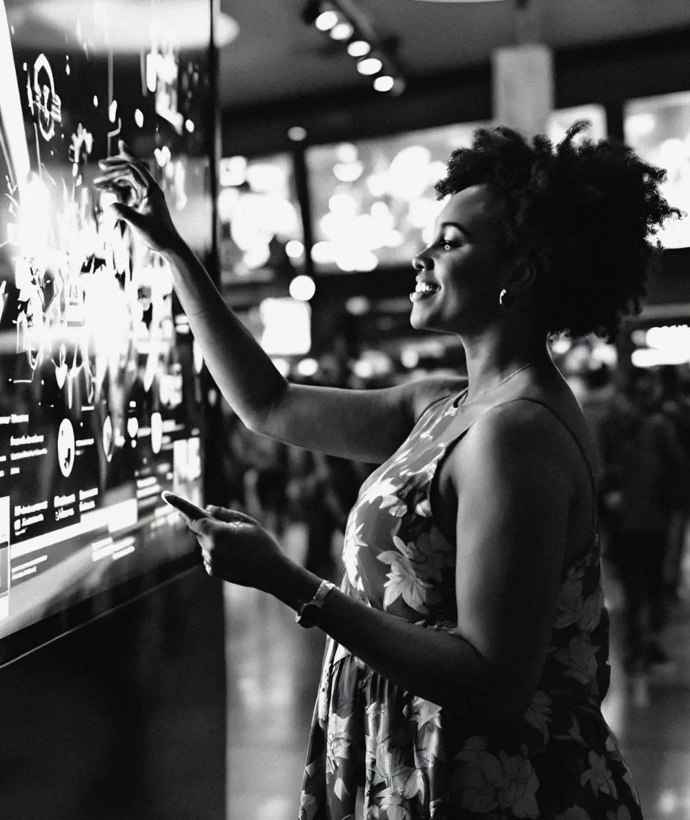 Woman smiling as she touches a large interactive screen (black and white photo)
