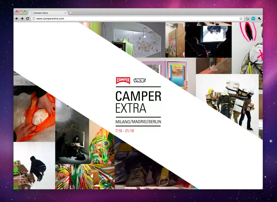 Camper Extra website home page with a diagonal white banner and photo collage