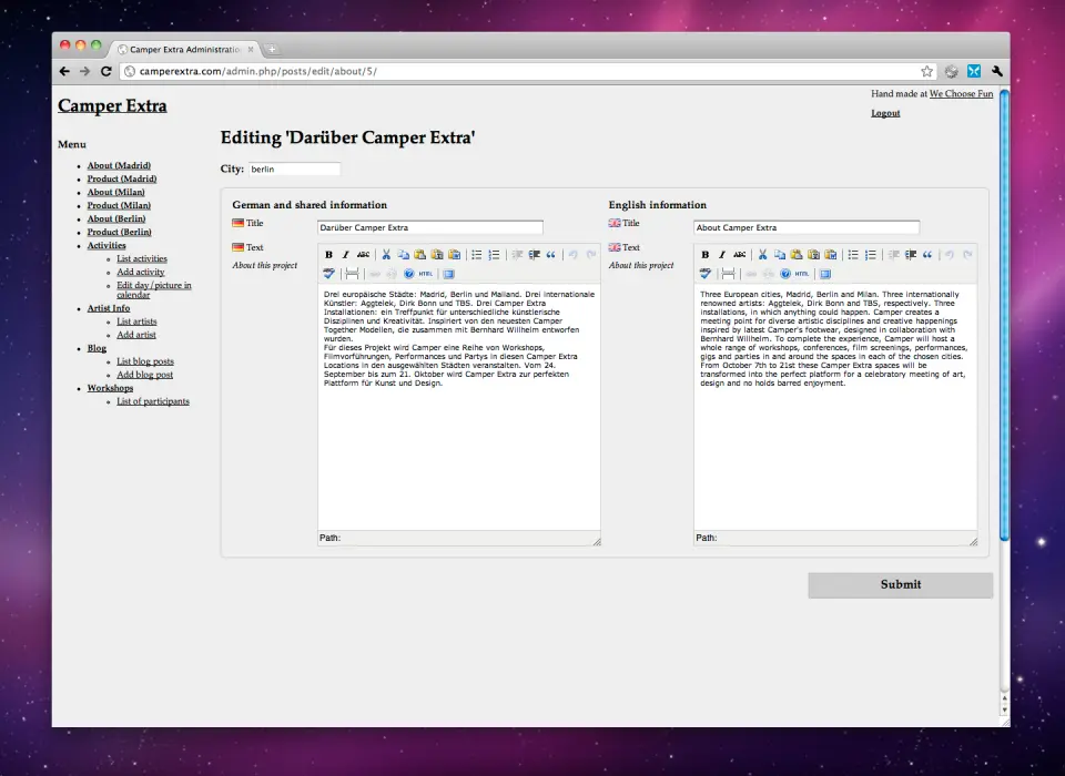 Camper Extra content management system showing a text editing form