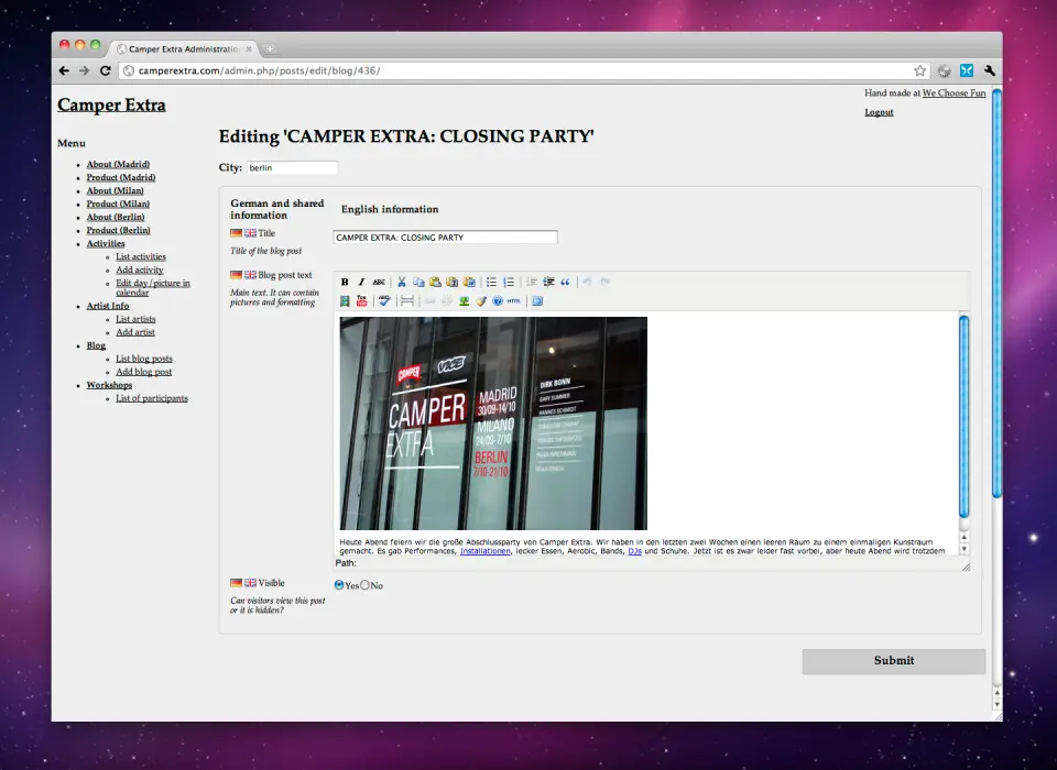 Camper Extra content management system editing a closing party entry with a photo