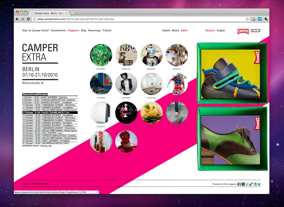 Camper Extra website page with a pink diagonal band and a grid of round photos