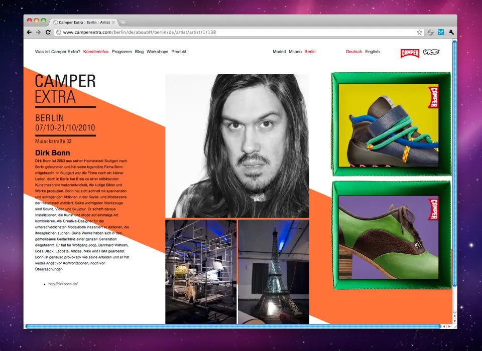 Camper Extra website page with an orange diagonal band and a portrait of a bearded man