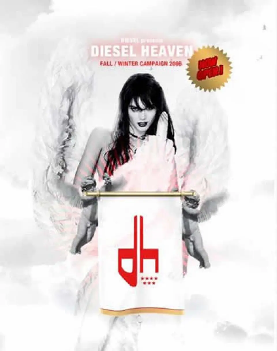 Black and white Diesel Heaven campaign page with a woman holding a banner with the Diesel logo
