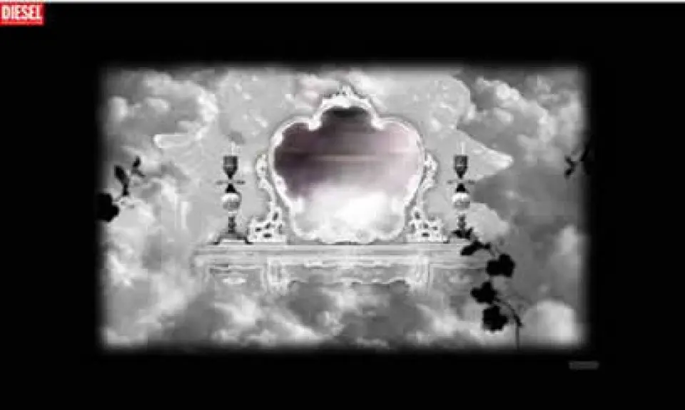 Diesel product story page showing a mirror among clouds in black and white