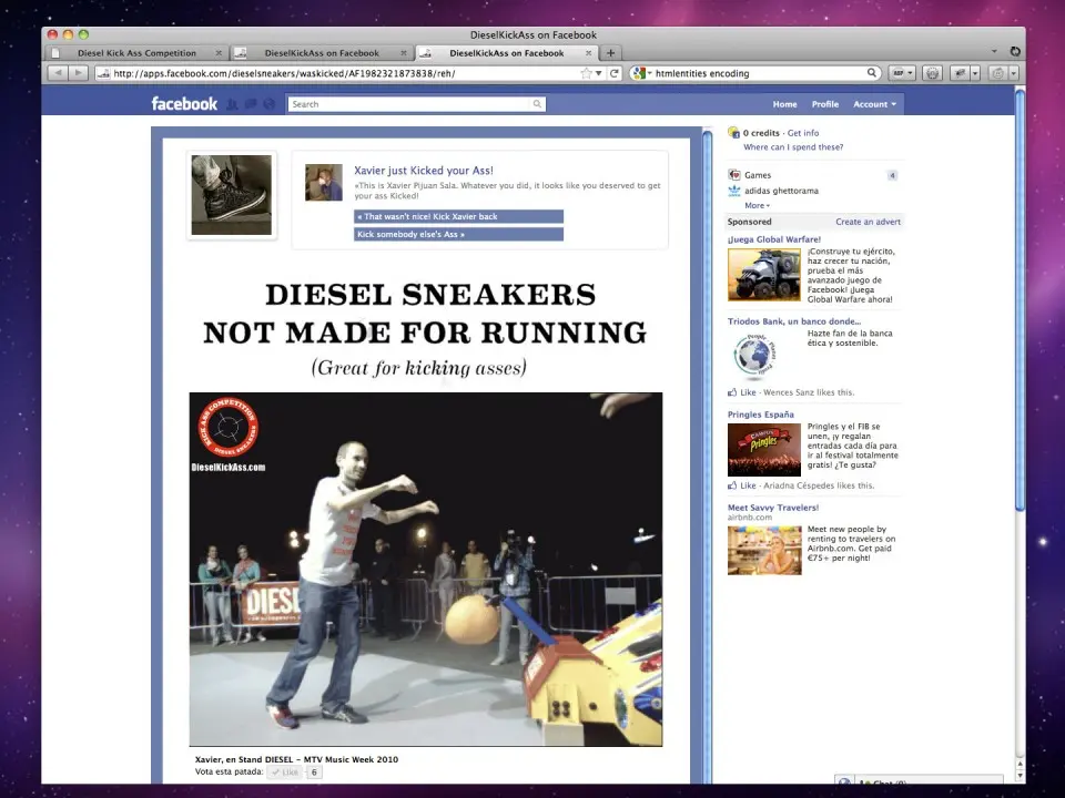 Facebook application page for Diesel sneakers, not made for running, great for kicking asses