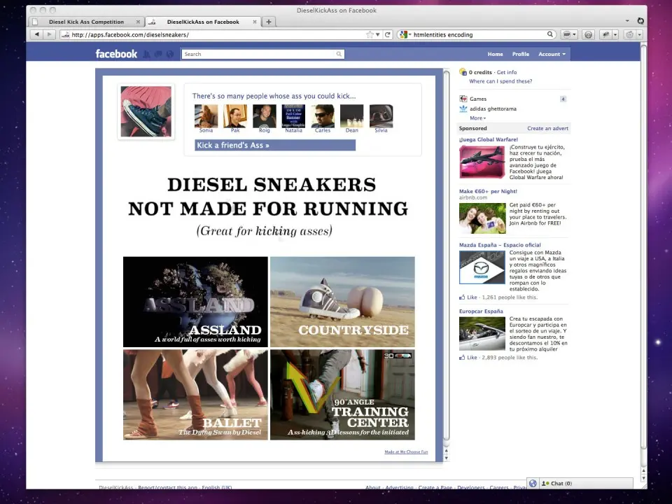 Facebook page showing the Diesel sneakers kicking categories