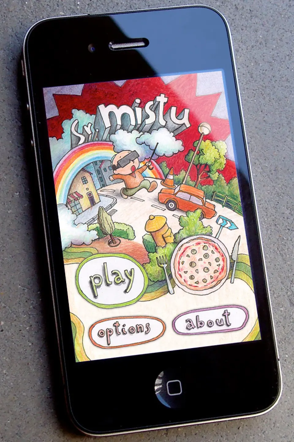 iPhone showing the Sr. Mistu title screen with play, options and about buttons