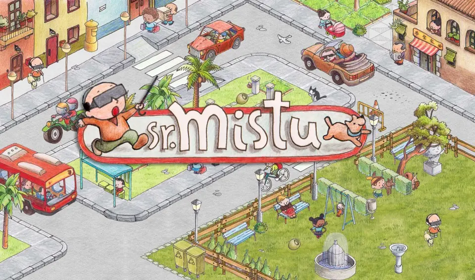 Illustrated city street from the Sr. Mistu game with the game logo over a park and traffic