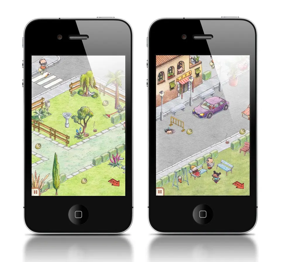 Two iPhones showing levels of the Sr. Mistu game in a green park and a city street