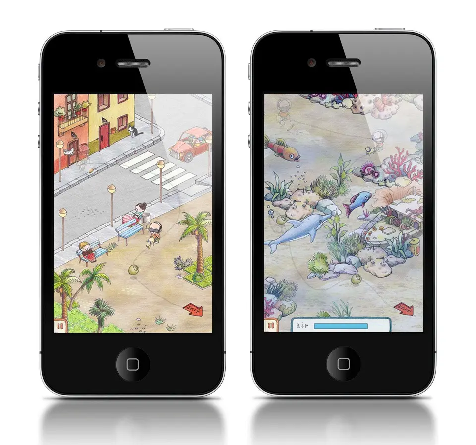 Two iPhones showing Sr. Mistu levels in a street and a snowy area