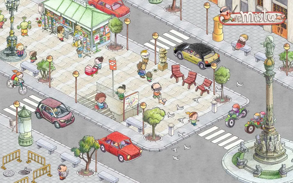 Illustrated city plaza with cars, buses and people from the Sr. Mistu game