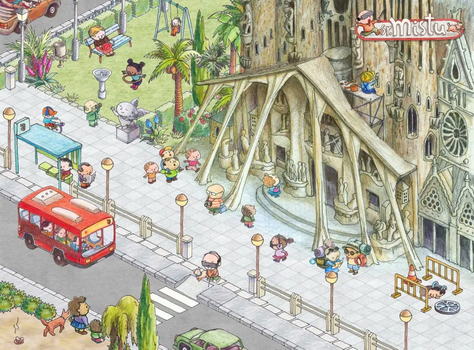 Illustrated street from the Sr. Mistu game with a large cathedral, palm trees and a red bus