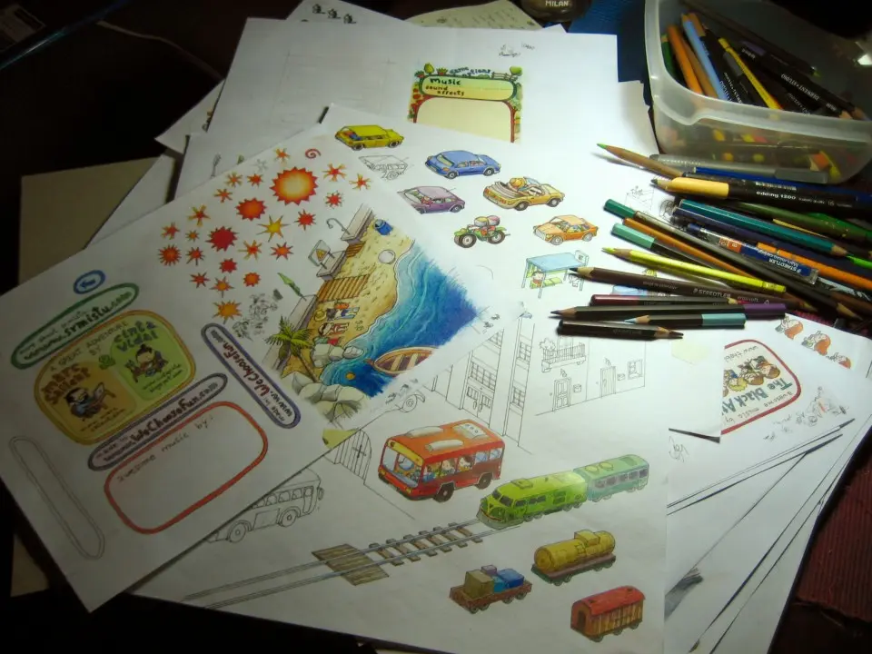 Hand-drawn and colored sheets of game objects, vehicles and characters with colored pencils